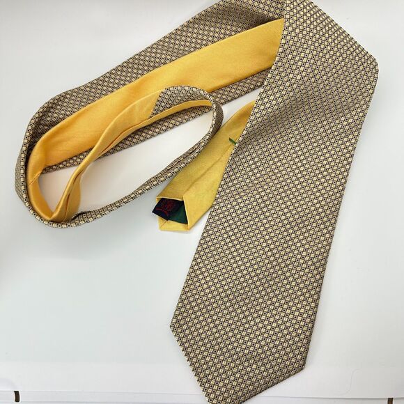 Tommy Hilfiger Yellow Navy Birdseye Dot Print 100% Silk Long Tie - Picture 5 of 10